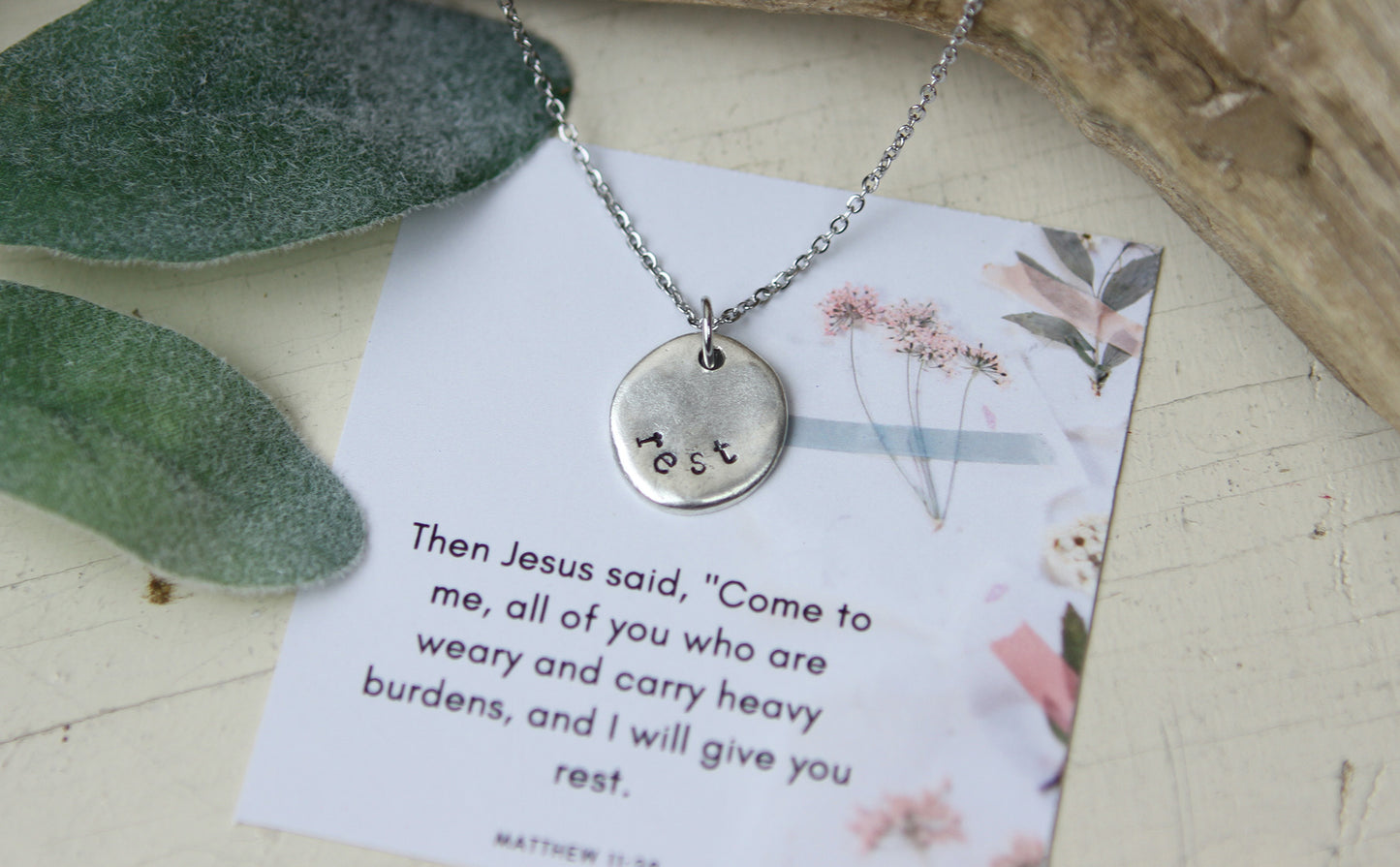 Rest Hand Stamped Scripture Necklace