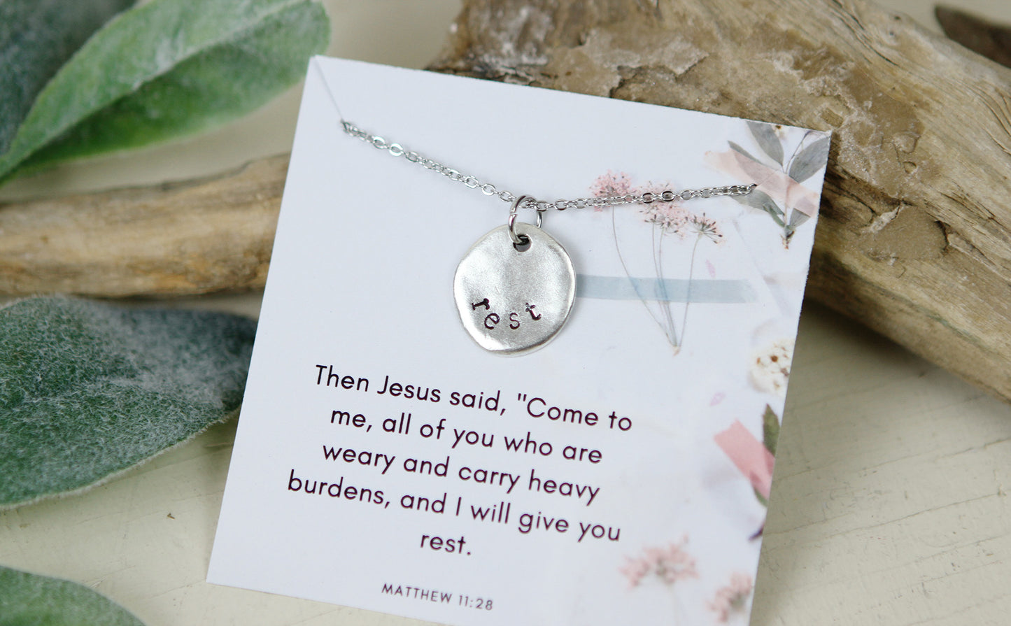 Rest Hand Stamped Scripture Necklace